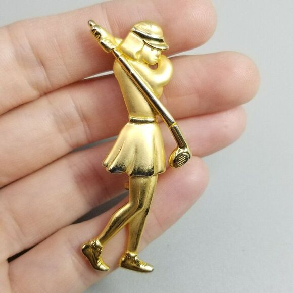 Vintage J.J. Lady Woman Golfer Gold Told Brooch, Golf Lapel Pin Signed, Estate - Picture 2 of 7